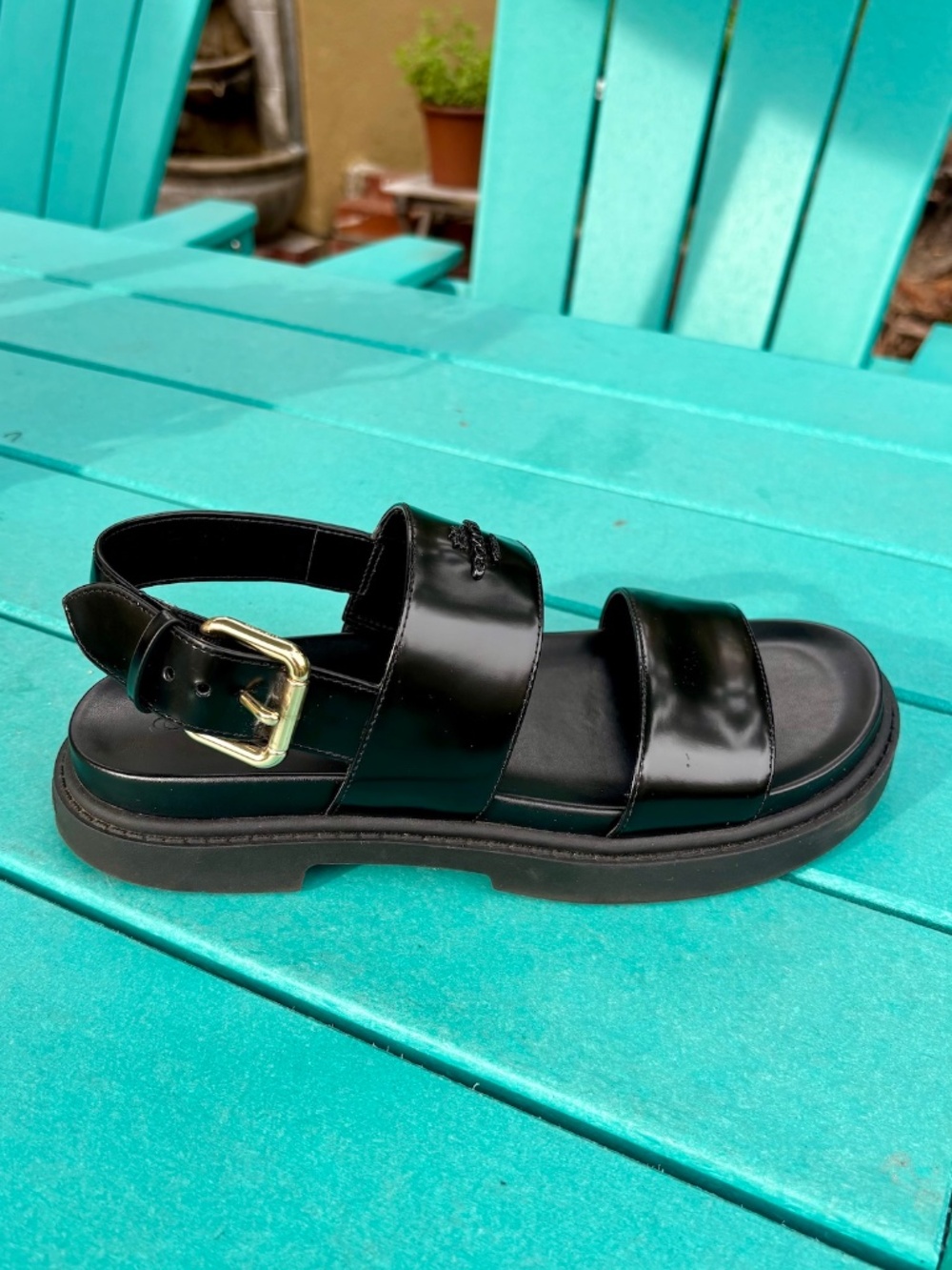 COACH Lockup Two Band Sandals Black Leather Gold-Tone Buckle Size 7 - Picture 5 of 10